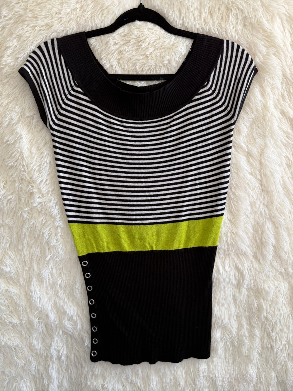Le Chateau Womens Y2K Indie Sleaze Cap Sleeve Tunic Top M Striped Ribbed Neon